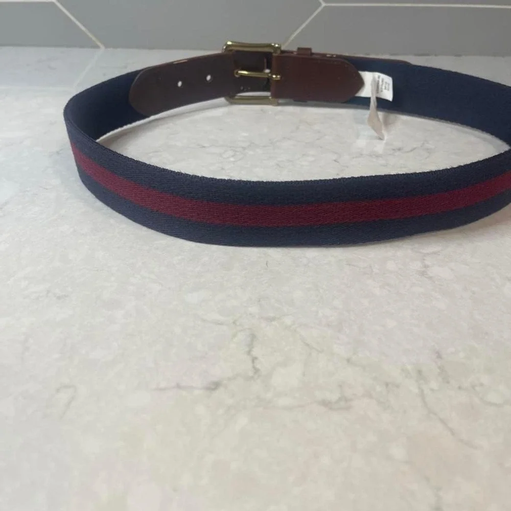 Banana Republic Mens Webbed Belt Navy Blue Burgundy Stripe Brown Trim Size 30